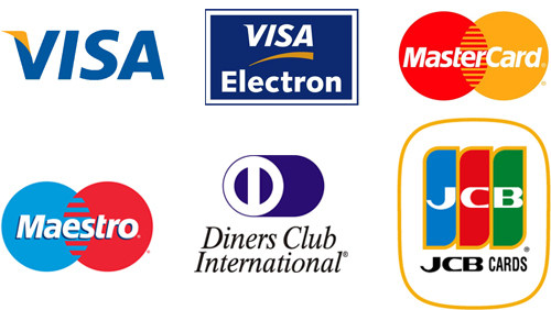    : VISA, VISA Electron, MasterCard, Maestro, Diners Club International, JCB Cards.