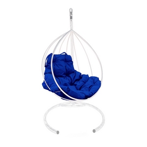 Кресло подвесное металлическое Кокон Капля (белое с синей подушкой)
