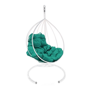 Кресло подвесное металлическое Кокон Капля (белое с зелёной подушкой)