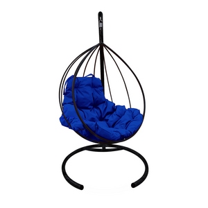 Кресло подвесное металлическое Кокон Капля (чёрное с синей подушкой)