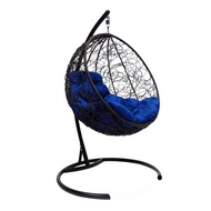 Кресло подвесное Кокон Круглое иск.ротанг (чёрное с синей подушкой)