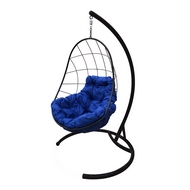 Кресло подвесное металлическое Кокон Овал (чёрное с синей подушкой)