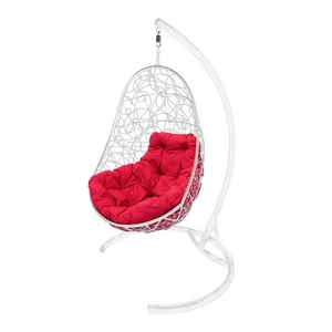Кресло подвесное Кокон Овал иск.ротанг (белое с красной подушкой)