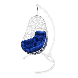 Кресло подвесное Кокон Овал иск.ротанг (белое с синей подушкой)