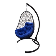 Кресло подвесное Кокон Овал иск.ротанг (чёрное с синей подушкой)