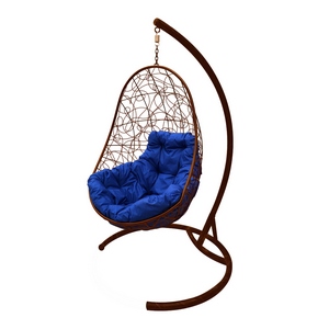 Кресло подвесное Кокон Овал иск.ротанг (коричневое с синей подушкой)